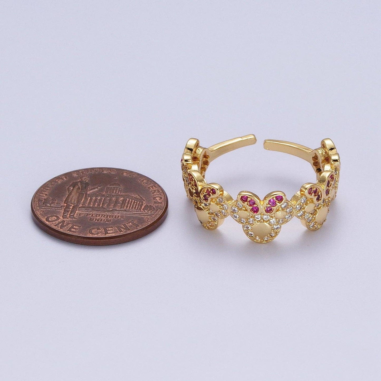 Clear Pave CZ Fuchsia-Bowed Mouses Adjustable Gold Ring O184