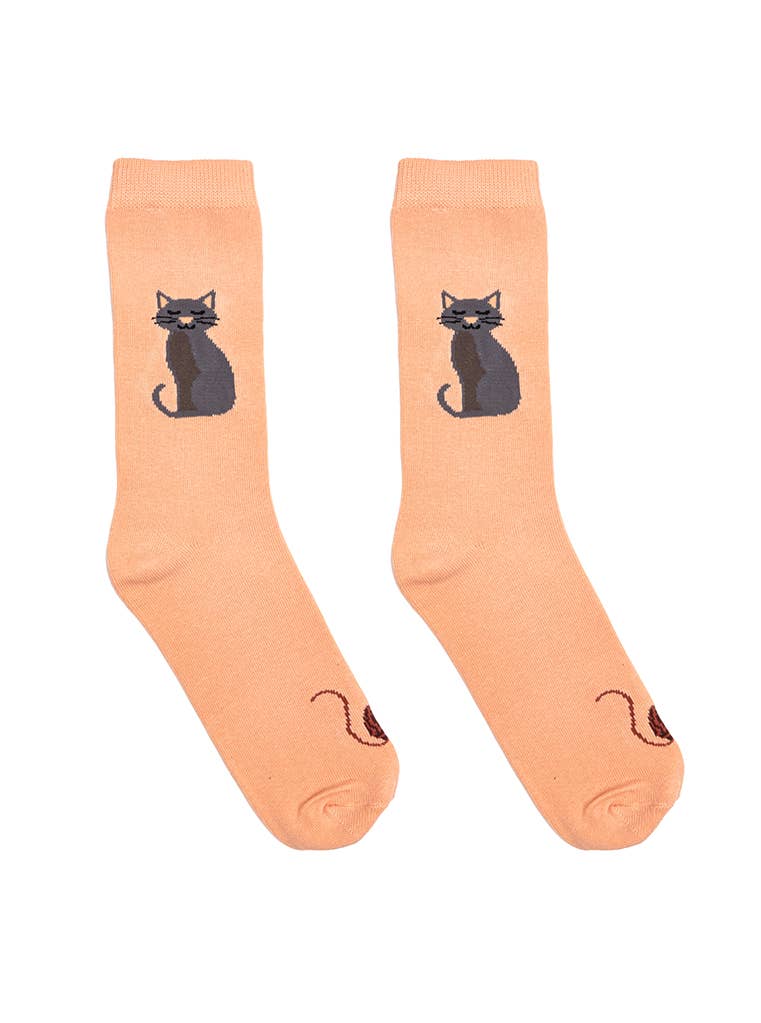 3D Packaged Crew Socks - Kitty Cat w/ Yarn Ball - Peach