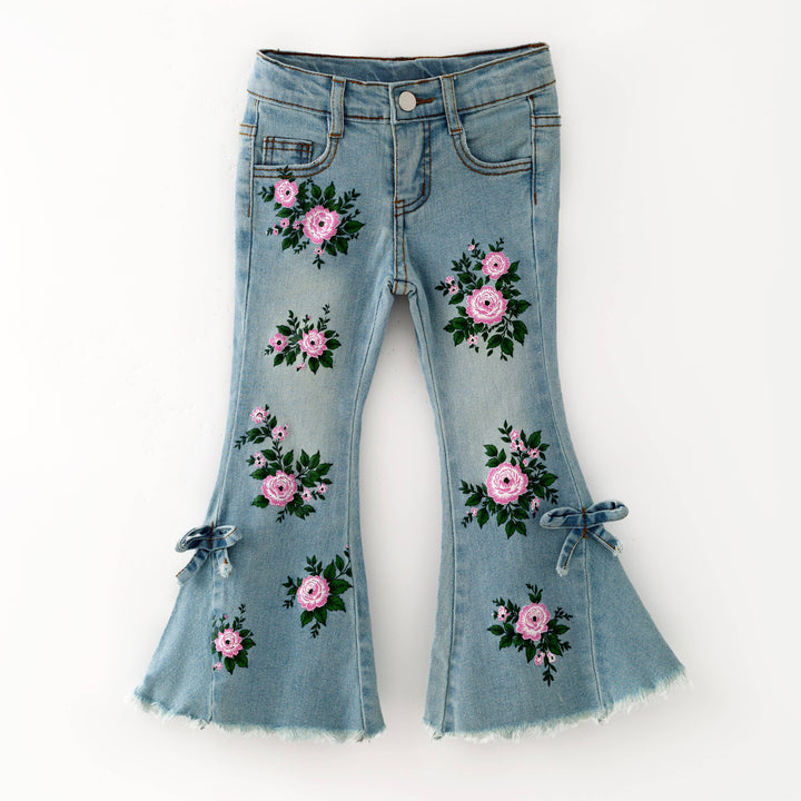 Painted Distressed Rosebud Denim Flares