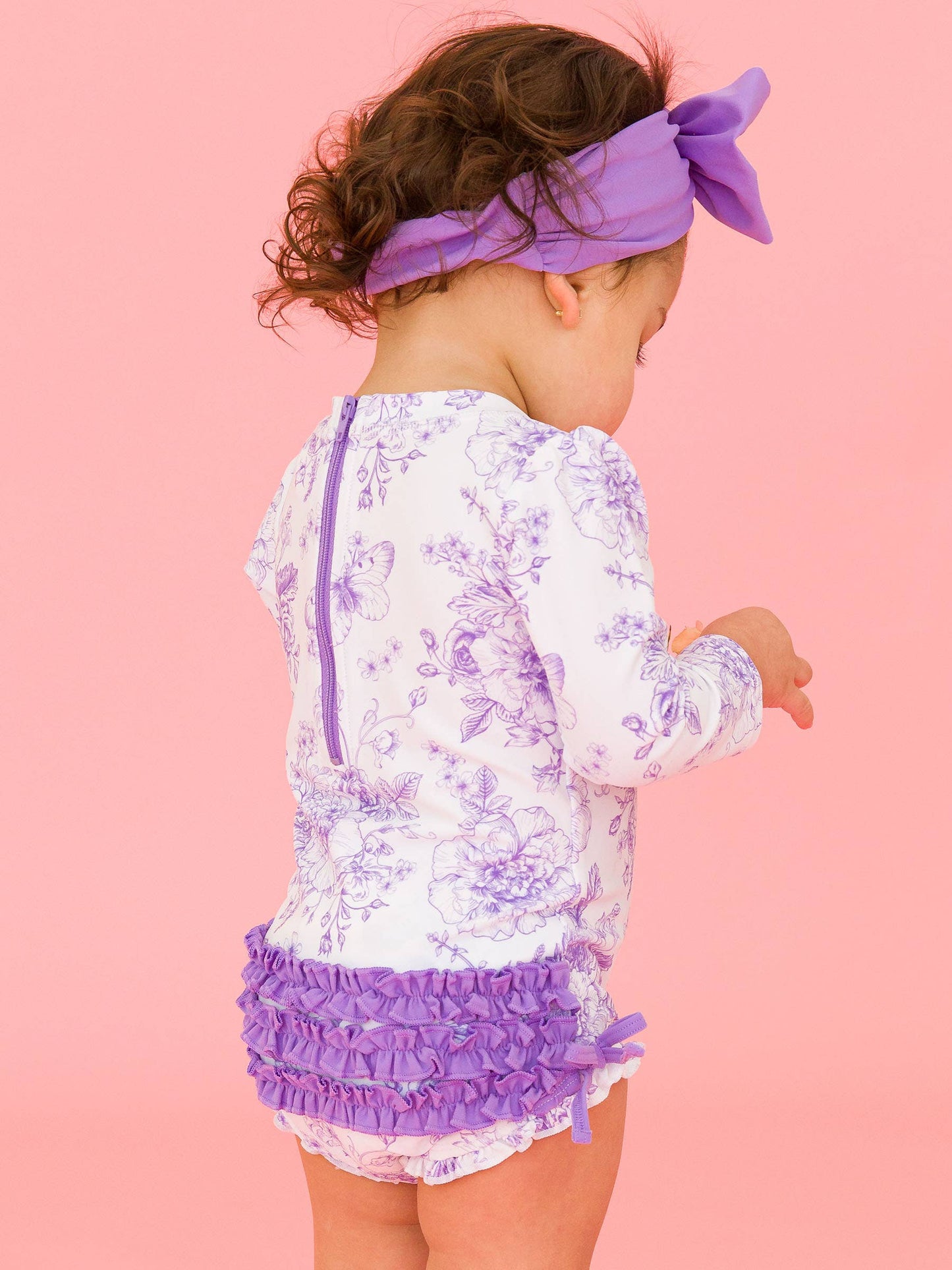 Baby Girls Wisteria Purple Butterfly Garden Toile Long Sleeve One Piece Rash Guard Swimsuit with Signature Rear Ruffles