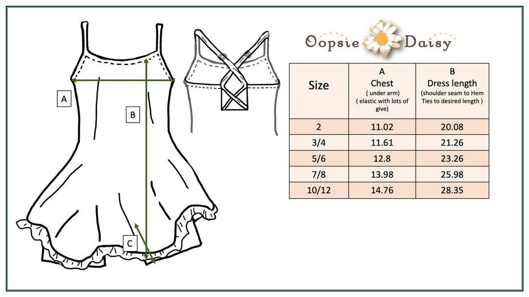 Size chart for Oopsie Daisy ruffle dress showing chest and length measurements for sizes 2 to 10/12, with sketch diagram.