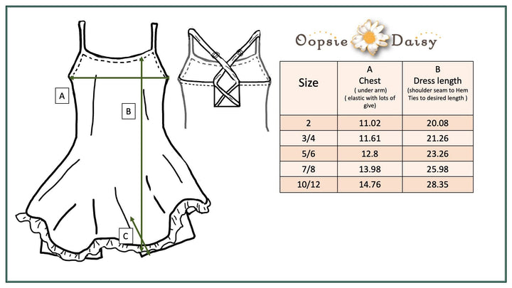 Size chart for Oopsie Daisy ruffle dress showing chest and length measurements for sizes 2 to 10/12, with sketch diagram.