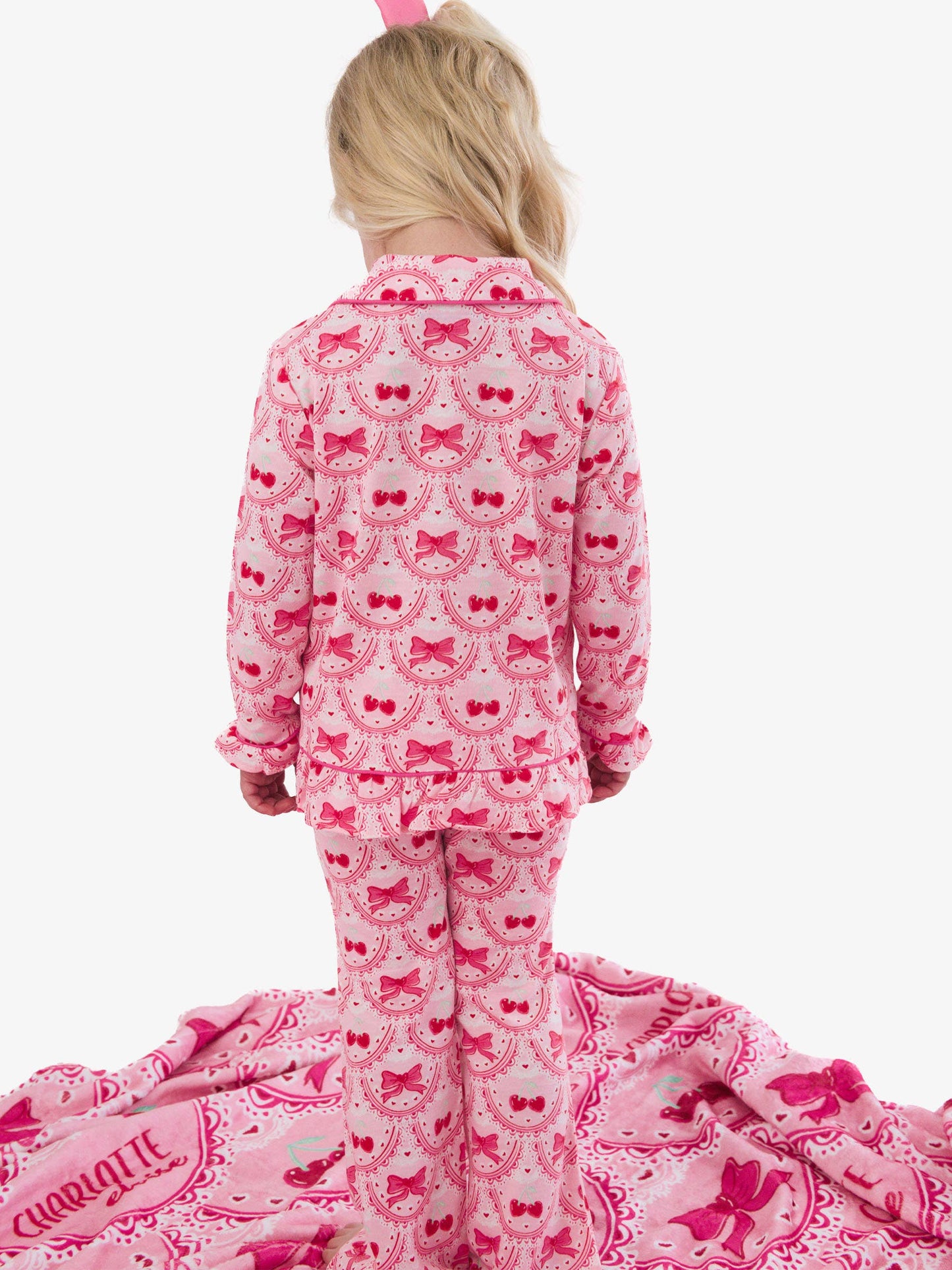 SoftSnooze™ Girls Love You Cherry Much Long Sleeve Button Up Ruffle Flare Pajama Set