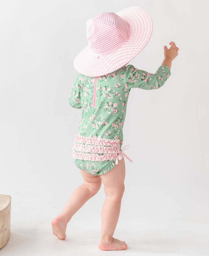 Baby Girls Tea Roses Long Sleeve One Piece Rash Guard Swimsuit with Signature Rear Ruffles
