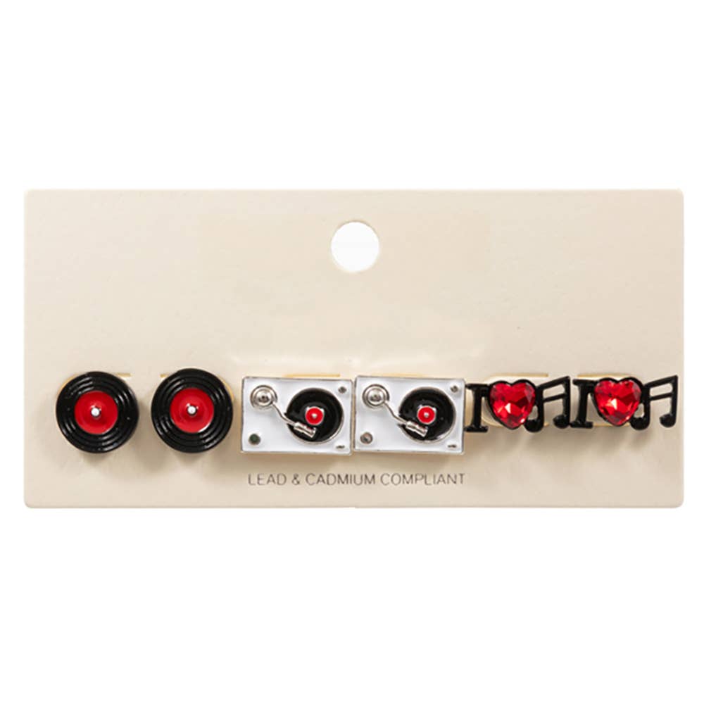 3PAIRS - Enamel Turn Table Music Stud Earring Set