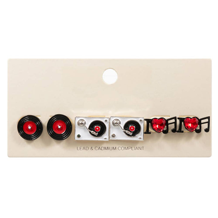 3PAIRS - Enamel Turn Table Music Stud Earring Set