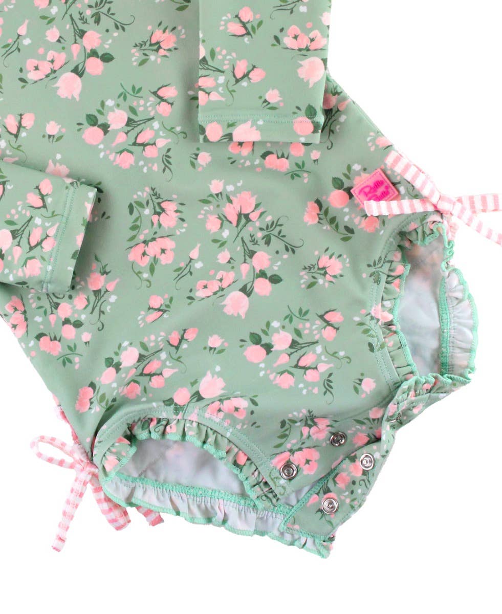 Baby Girls Tea Roses Long Sleeve One Piece Rash Guard Swimsuit with Signature Rear Ruffles