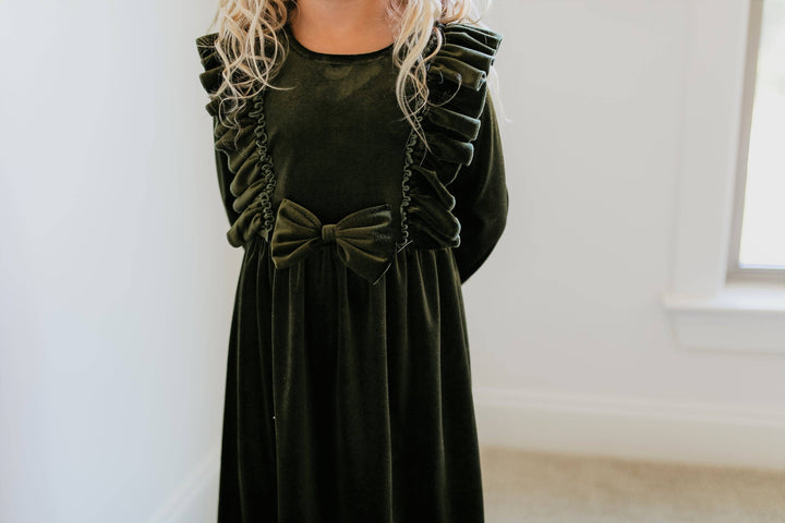 Kids Moss Velvet Bow Ruffle Holiday Party Dress