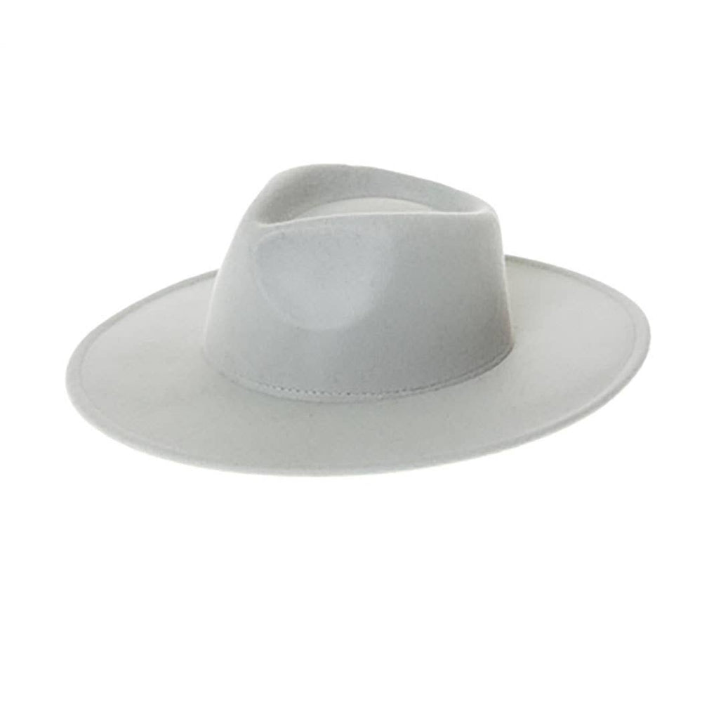 Light gray vegan felt rancher hat with wide flat brim and creased crown, shown on white background.