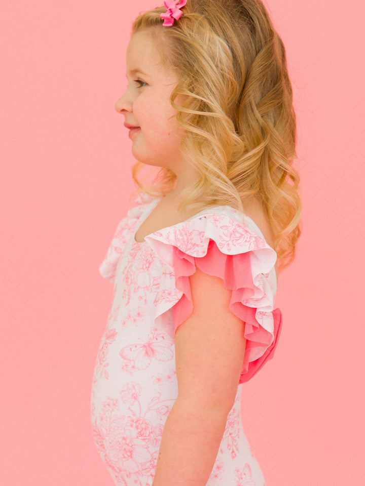 Girls Bubblegum Pink Butterfly Garden Toile Butterfly Sleeve One Piece Swimsuit