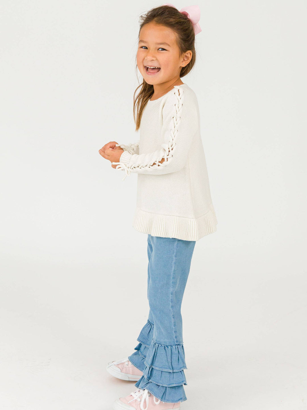Toddler Girls Light Wash Denim Denim Ruffle Flare Pants with Signature Rear Ruffles