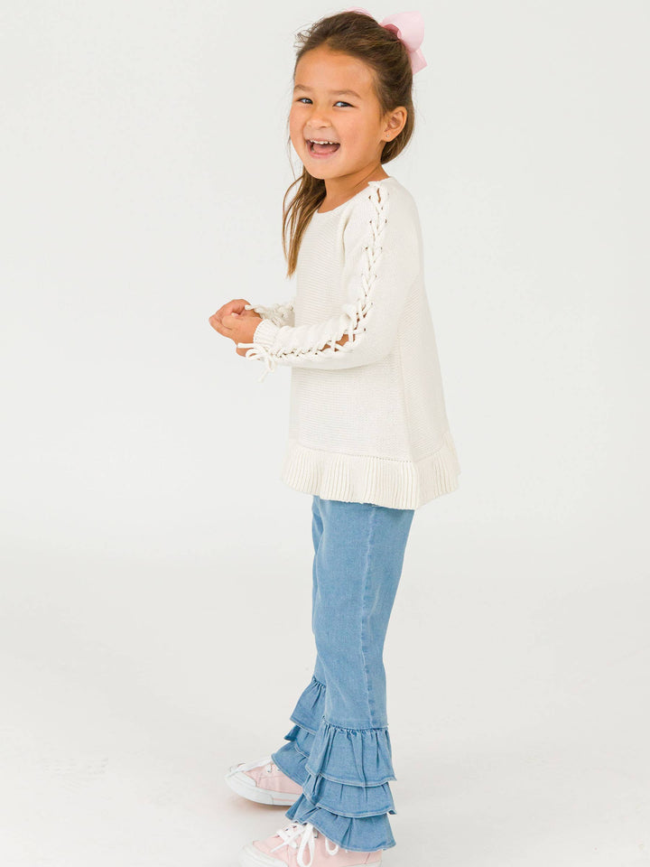 Toddler Girls Light Wash Denim Denim Ruffle Flare Pants with Signature Rear Ruffles