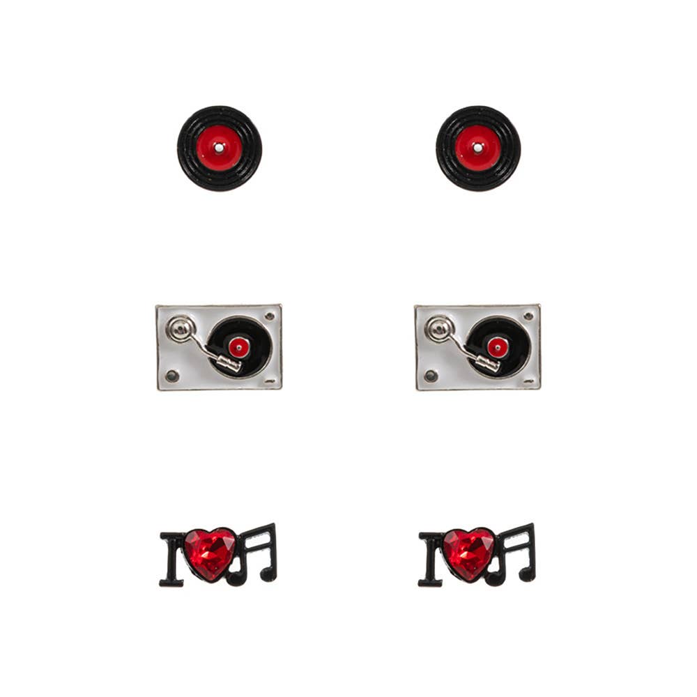 3PAIRS - Enamel Turn Table Music Stud Earring Set