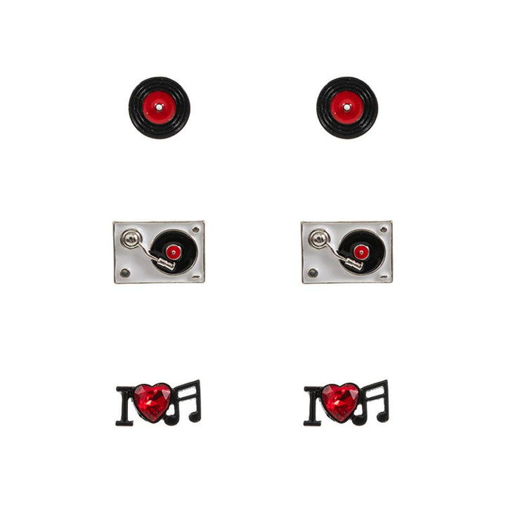3PAIRS - Enamel Turn Table Music Stud Earring Set