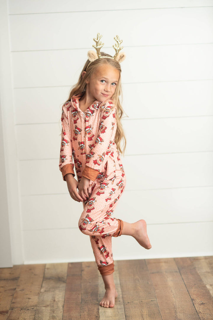 Kids Pink Christmas Holiday Reindeer Zipper Onesie Set