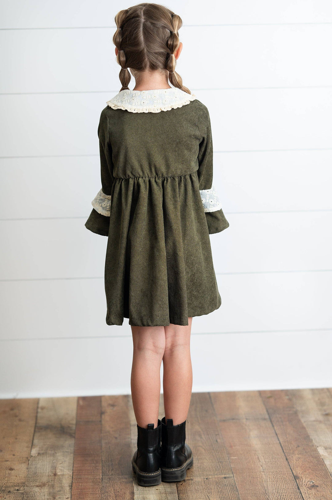 Girls Olive Green Corduroy &amp; Lace Bell Sleeve Fall Dress