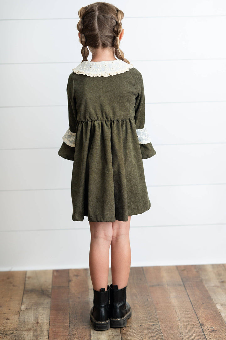 Girls Olive Green Corduroy &amp; Lace Bell Sleeve Fall Dress