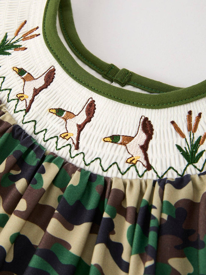 Camouflage Duck Smocking Embroidery Girls Dress