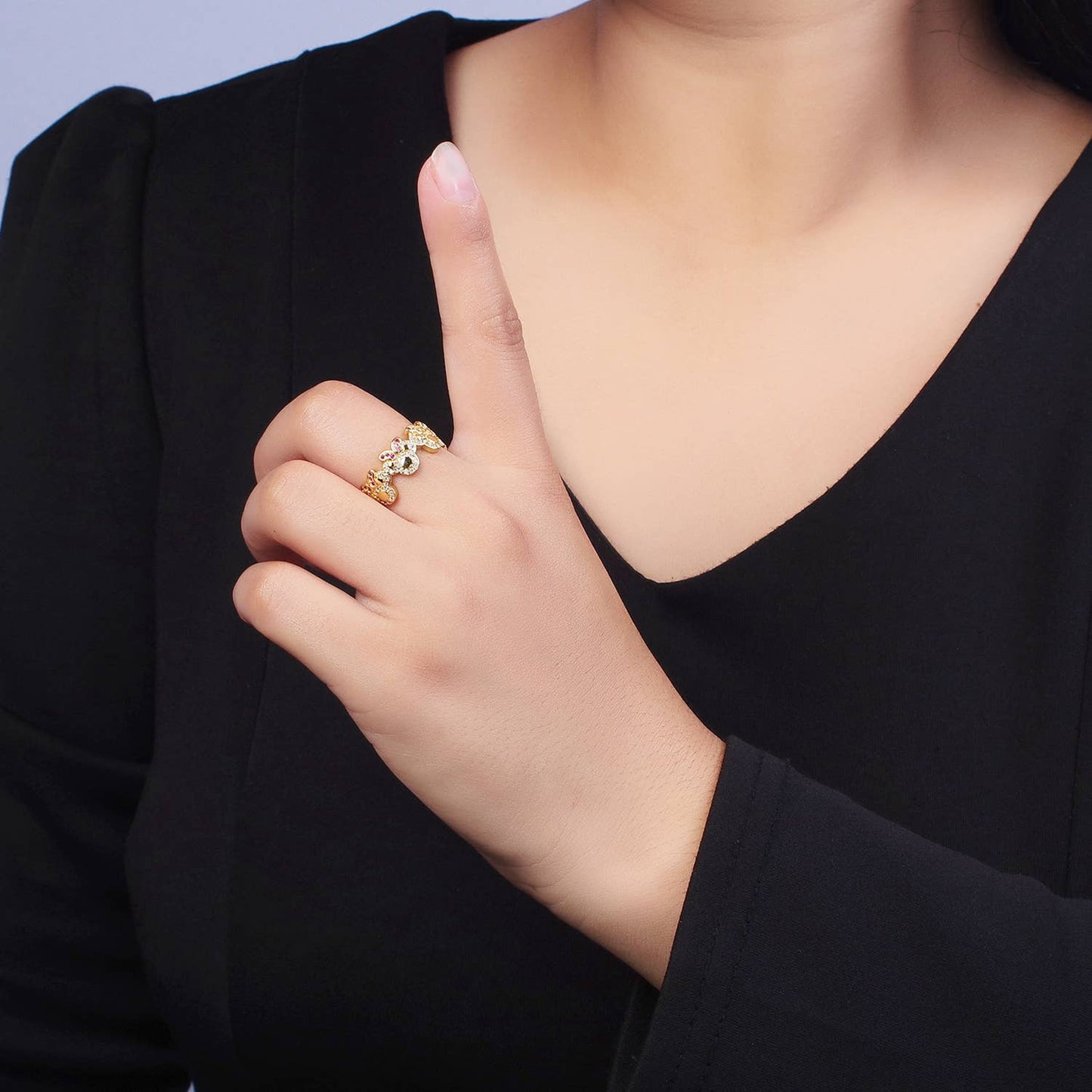 Dainty Cute Micro Pave Gold Bowed Mouse Adjustable Ring O184