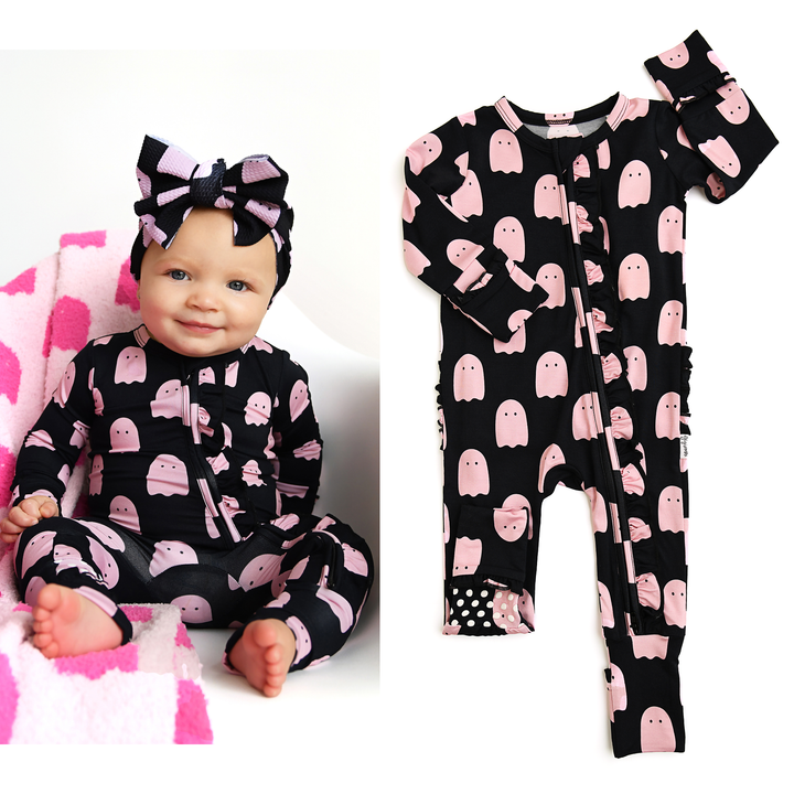 Pijamas de bambú con cremallera y volantes negros de Shade Little Halloween