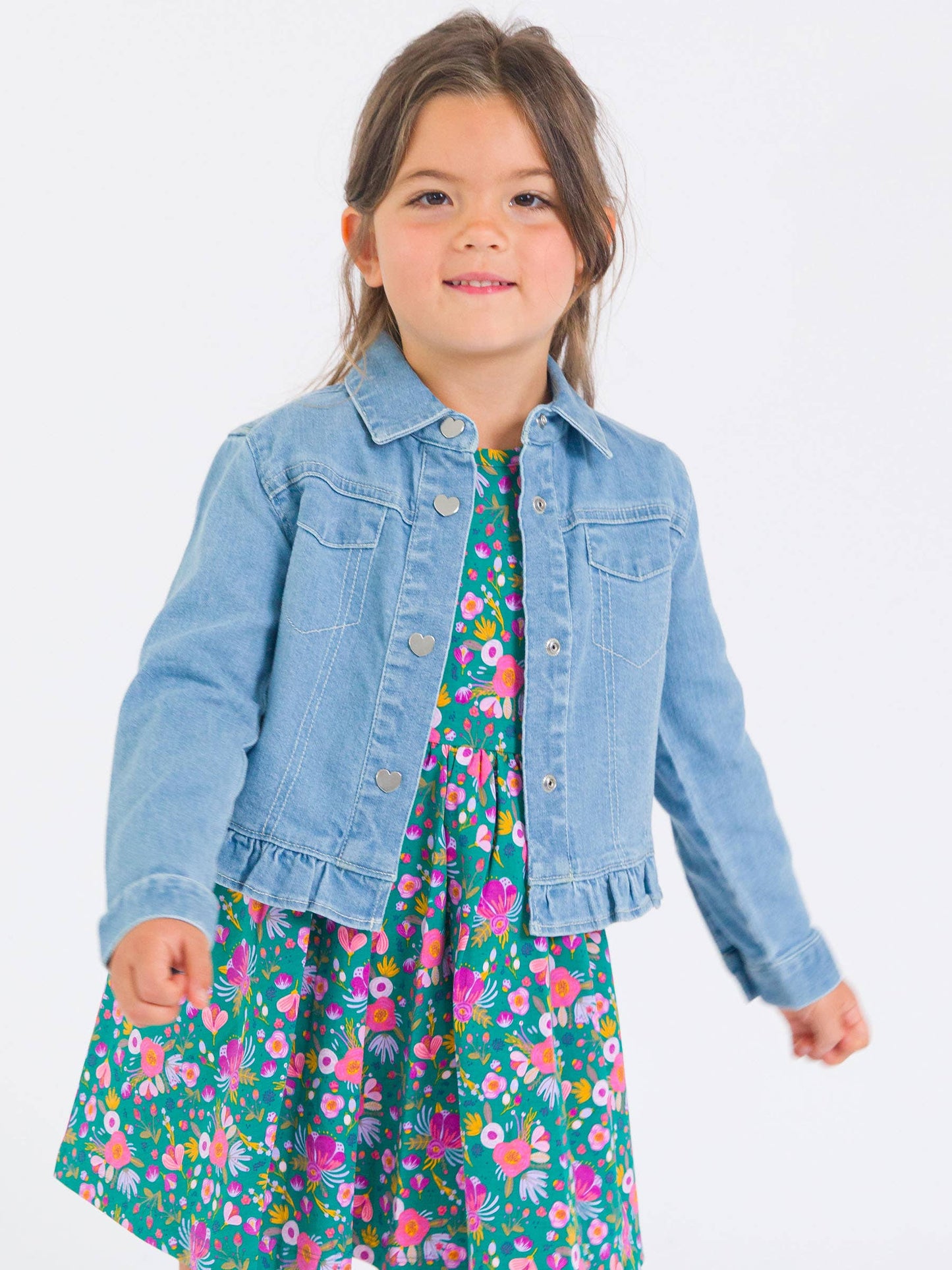 Girls Light Wash Denim Stretch Denim Ruffle Jean Jacket with Heart Buttons