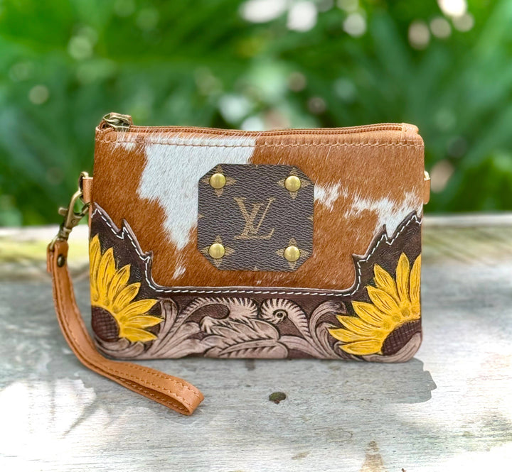 Upcycled LV Cowhide Leather Crossbody Wristlet Bag Western