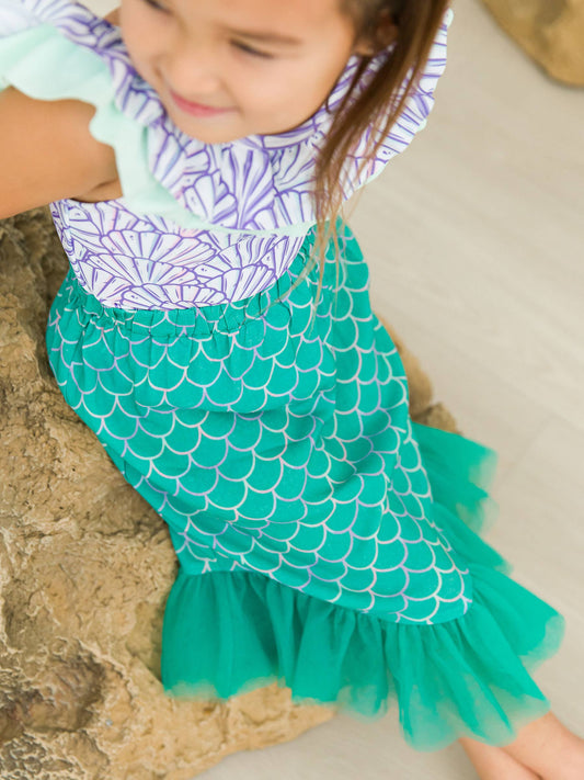 Girls Marine Green Scales Mermaid Tail Skirt Cover-Up