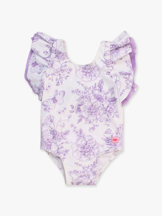 Girls Wisteria Purple Butterfly Garden Toile Butterfly Sleeve One Piece Swimsuit