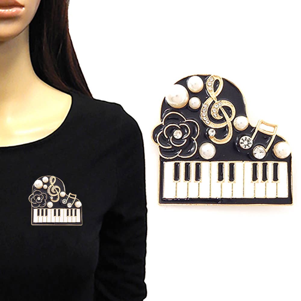Pearl Floral Musical Motif Embellished Piano Pin Brooch