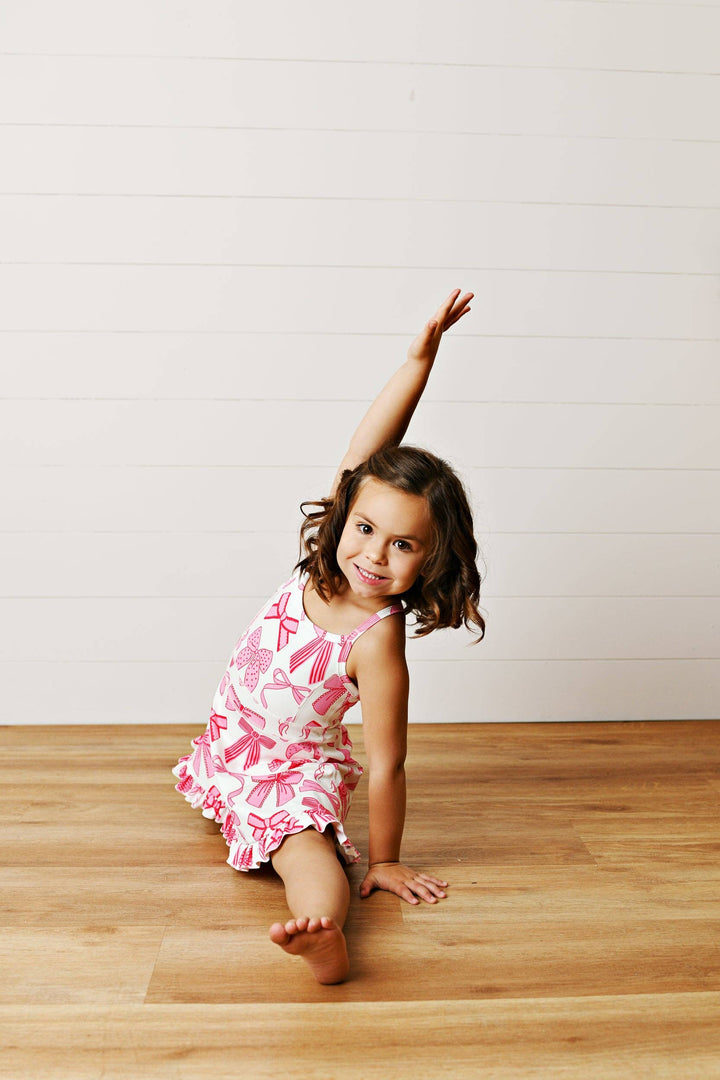 Girls White &amp; Pink Bow Athletic Active Sport Ruffle Dress