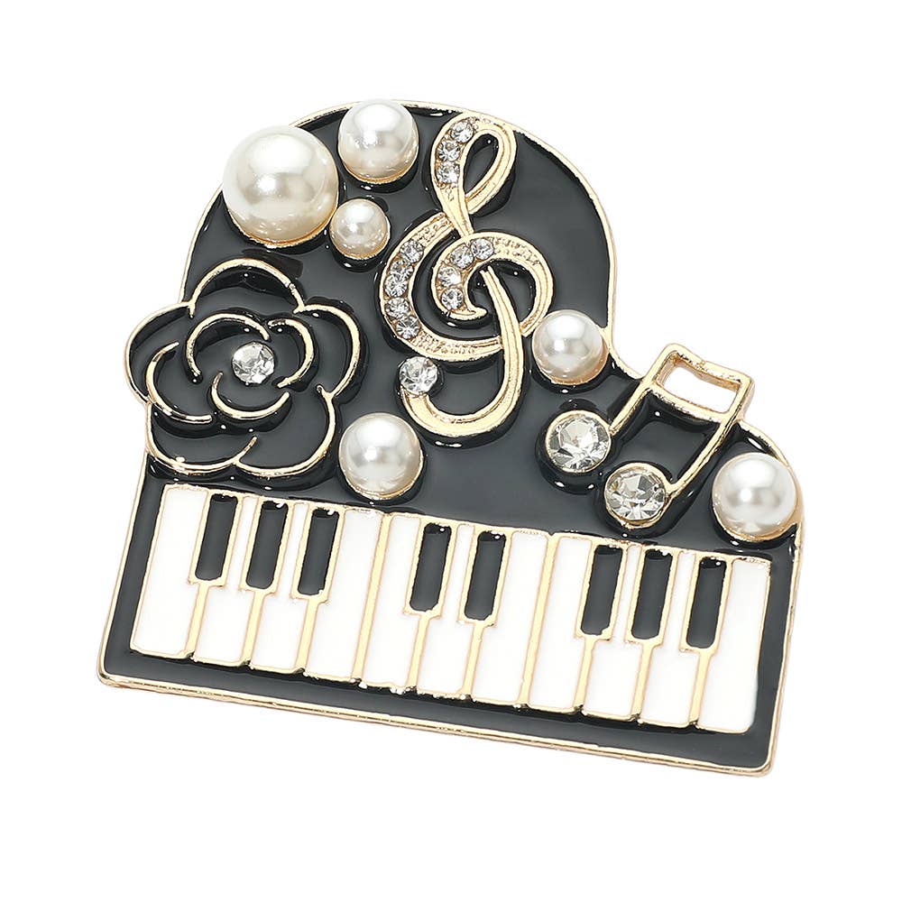 Pearl Floral Musical Motif Embellished Piano Pin Brooch