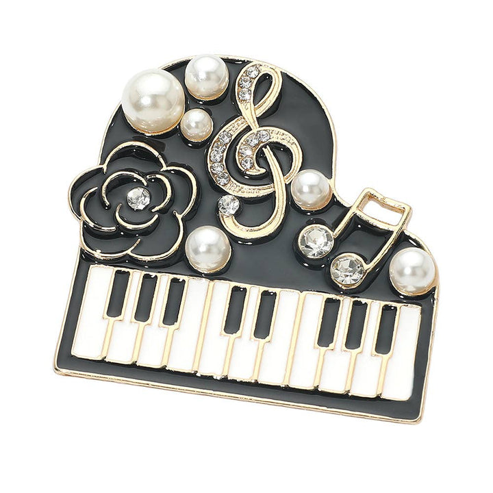 Pearl Floral Musical Motif Embellished Piano Pin Brooch