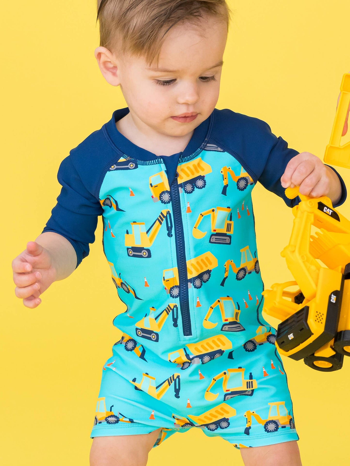 Baby Boys Under Construction Long Sleeve One Piece Rash Guard Swimsuit