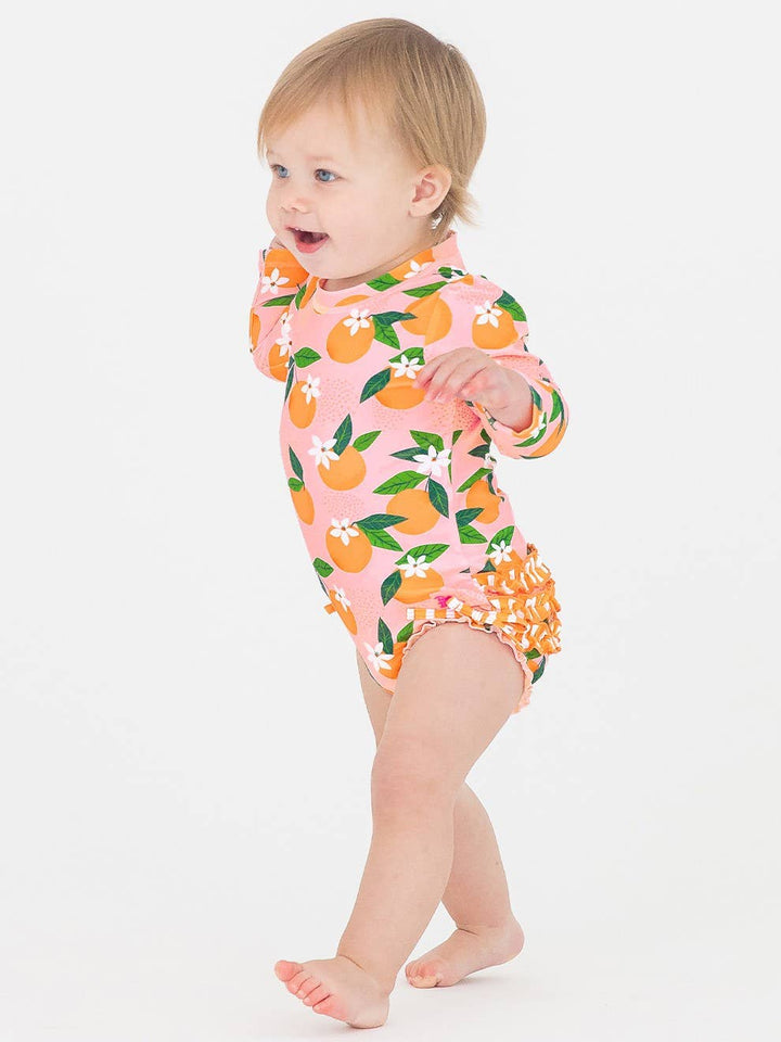 Baby Girls Orange You The Sweetest Long Sleeve One Piece Rash Guard Swimsuit with Signature Rear Ruffles