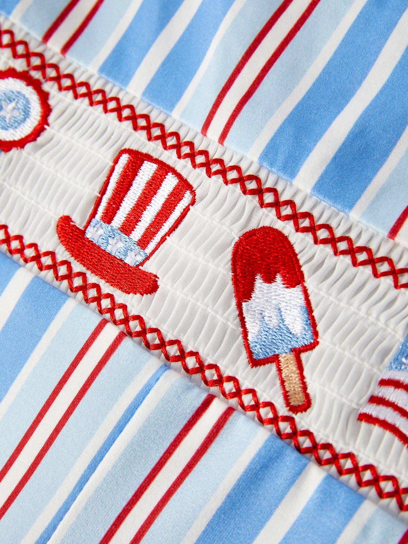 4th of July Toddler Boys Ice Cream Striped Smocking Embroidered Romper