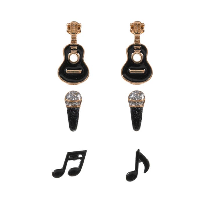 3PAIRS - Enamel Guitar Mic Music Note Stud Earring Set