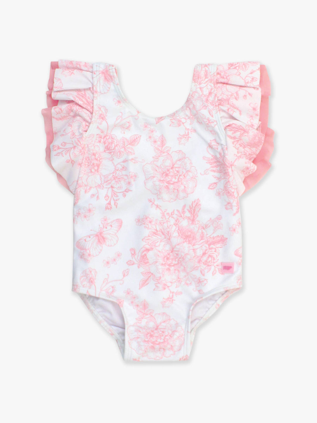 Girls Bubblegum Pink Butterfly Garden Toile Butterfly Sleeve One Piece Swimsuit