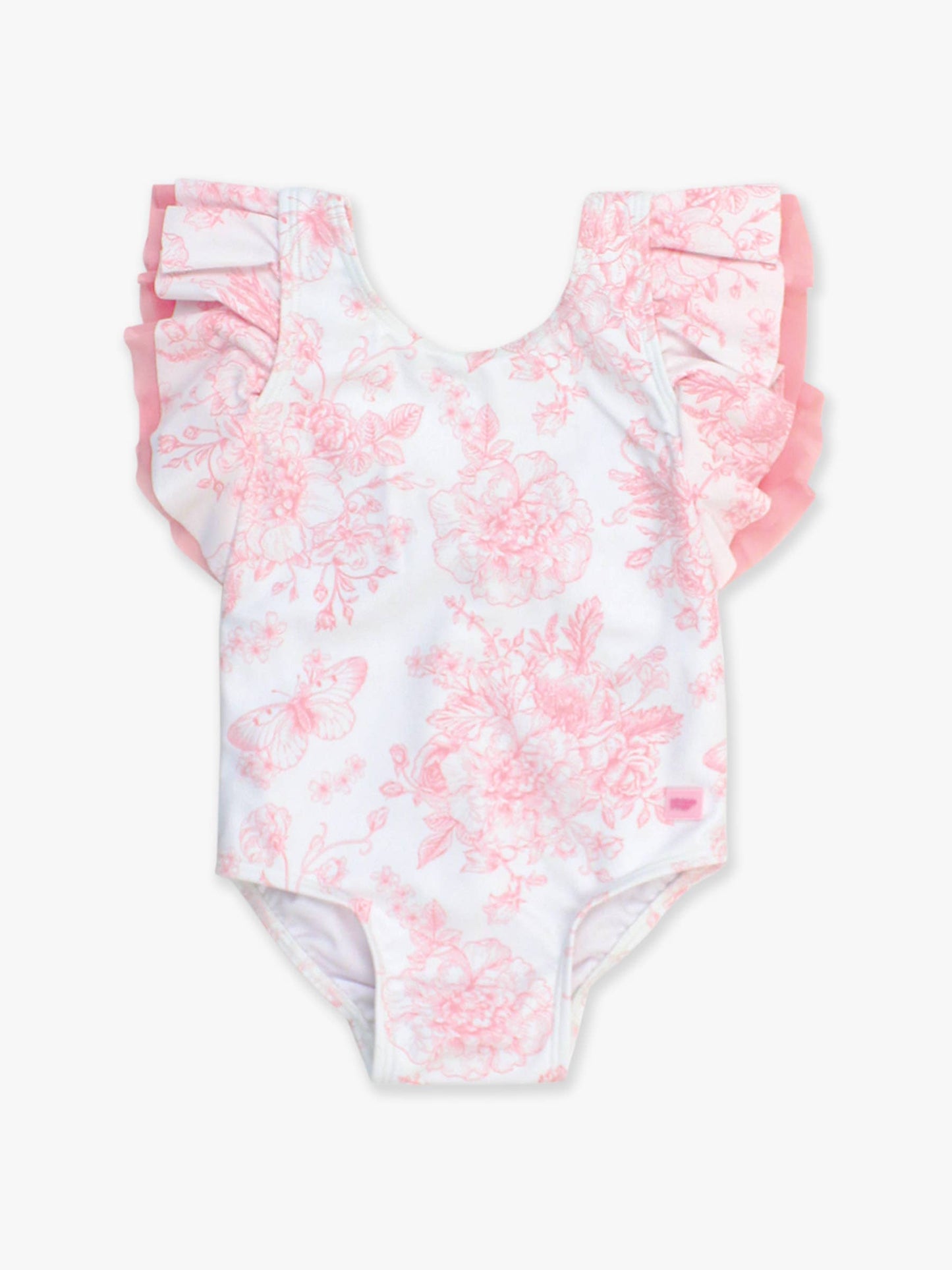 Girls Bubblegum Pink Butterfly Garden Toile Butterfly Sleeve One Piece Swimsuit