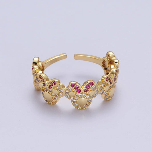 Dainty Cute Micro Pave Gold Bowed Mouse Adjustable Ring O184