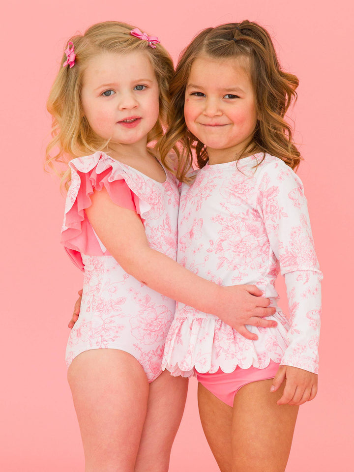 Girls Bubblegum Pink Butterfly Garden Toile Butterfly Sleeve One Piece Swimsuit