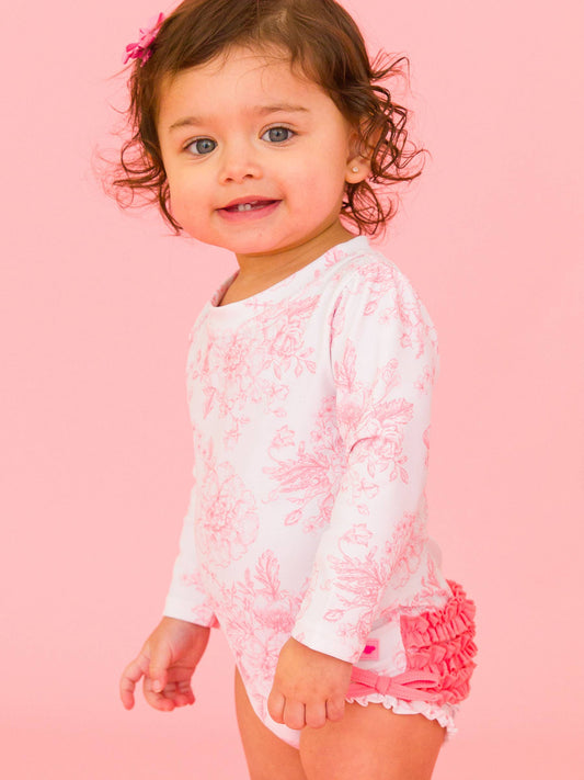 Baby Girls Bubblegum Pink Butterfly Garden Toile Long Sleeve One Piece Rash Guard Swimsuit with Signature Rear Ruffles