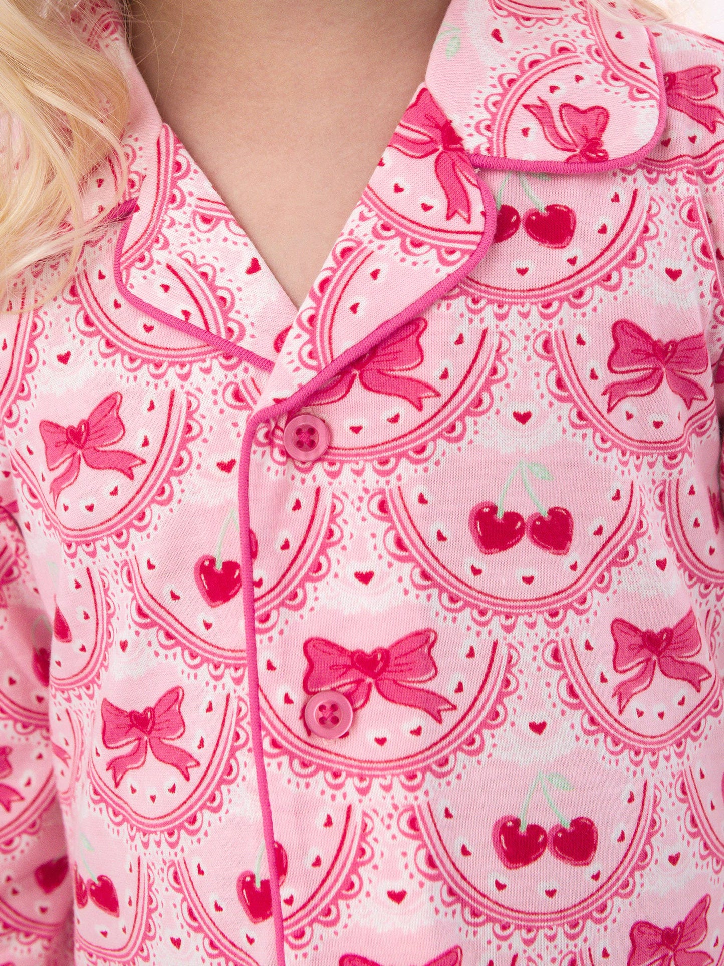 SoftSnooze™ Girls Love You Cherry Much Long Sleeve Button Up Ruffle Flare Pajama Set