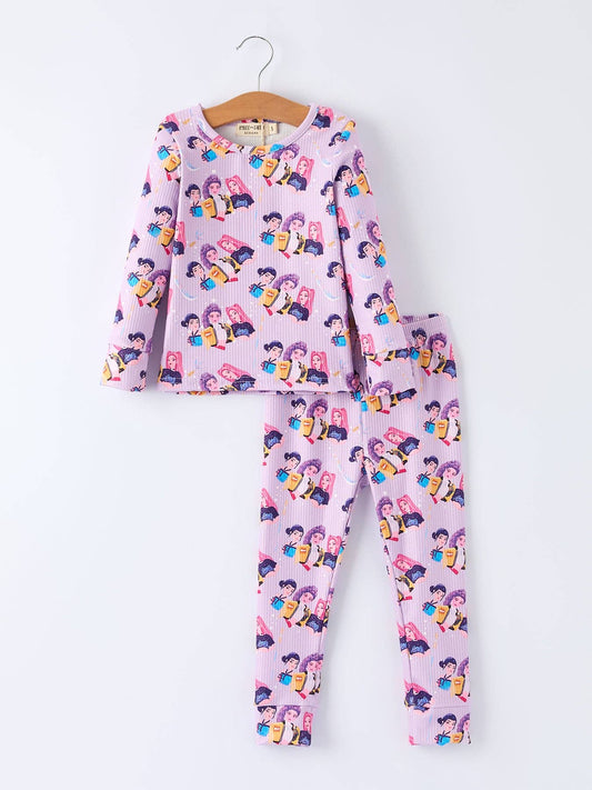 Girls Purple Print Long Sleeve Lounge Set