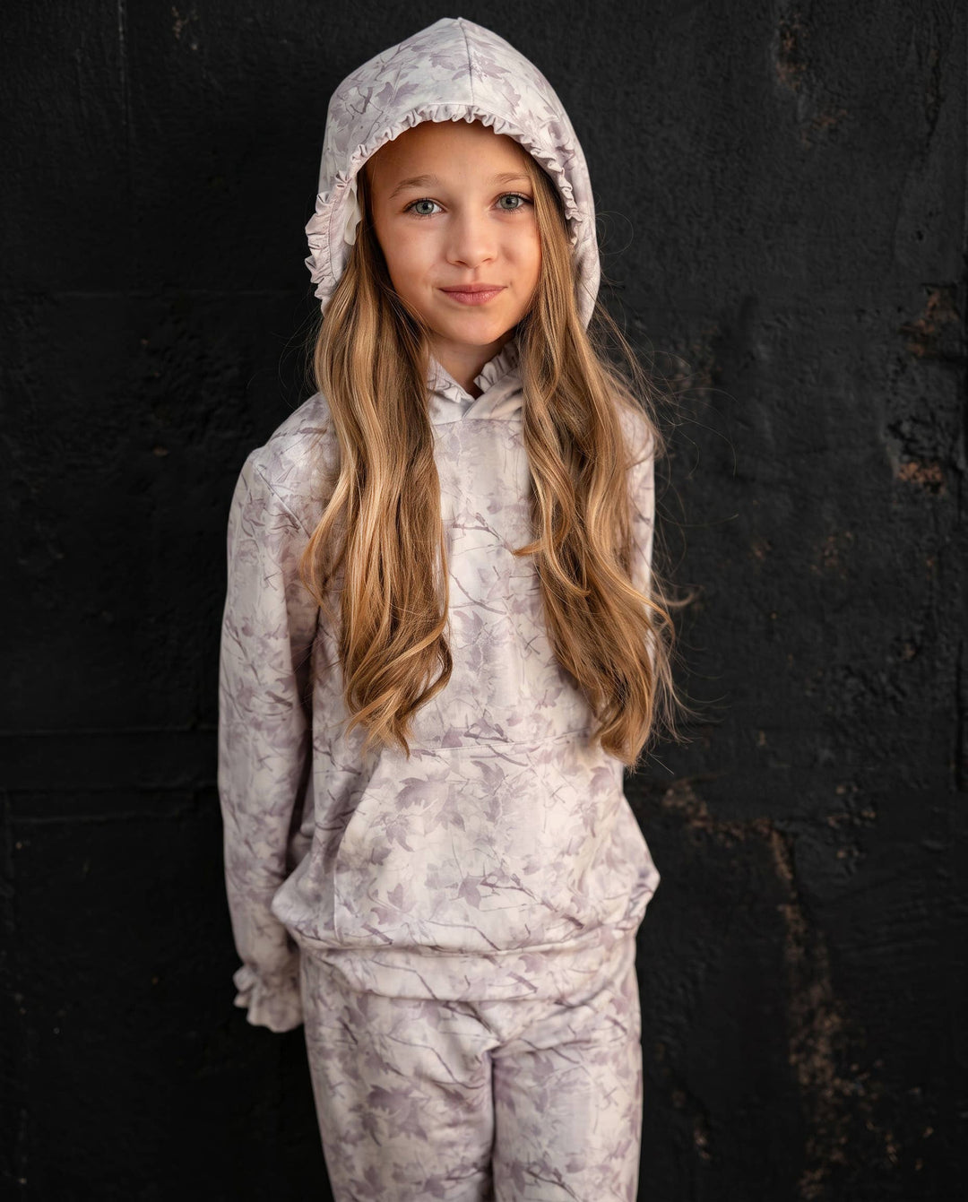 Kids Light Gray Camo Hooded Ruffle Pocket Lounge Set