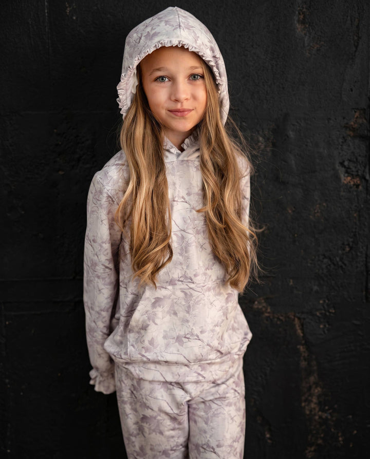 Kids Light Gray Camo Hooded Ruffle Pocket Lounge Set