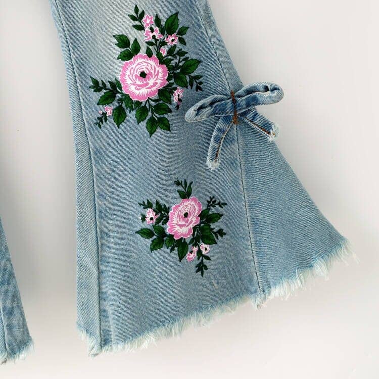 Painted Distressed Rosebud Denim Flares