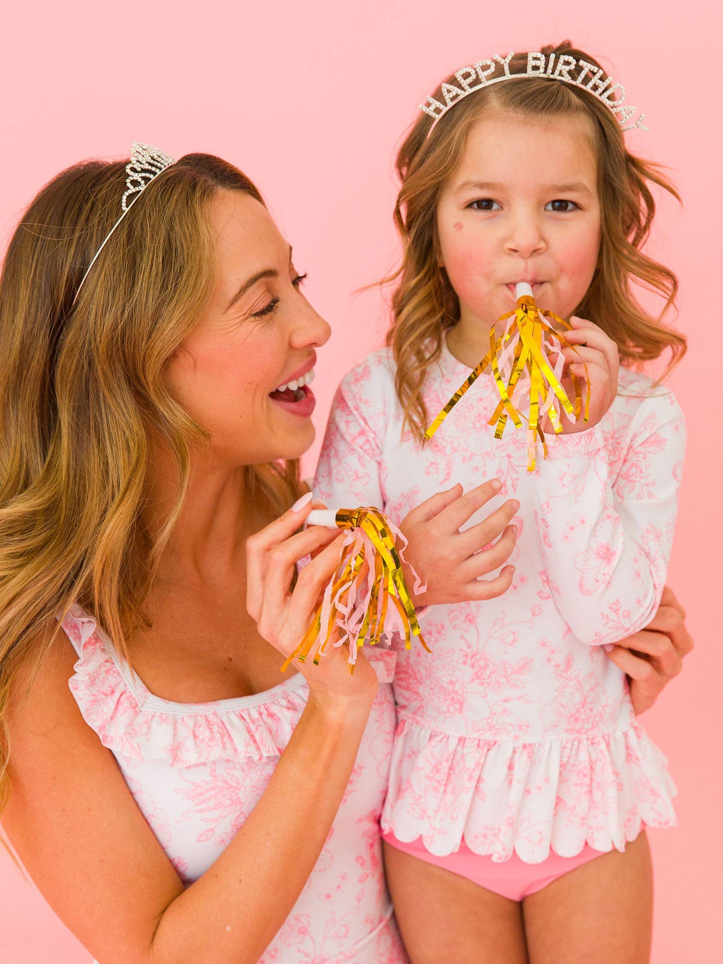 Girls Bubblegum Pink Butterfly Garden Toile Scallop Hem Long Sleeve Rash Guard 2-Piece Swimsuit with Signature Rear Ruffles