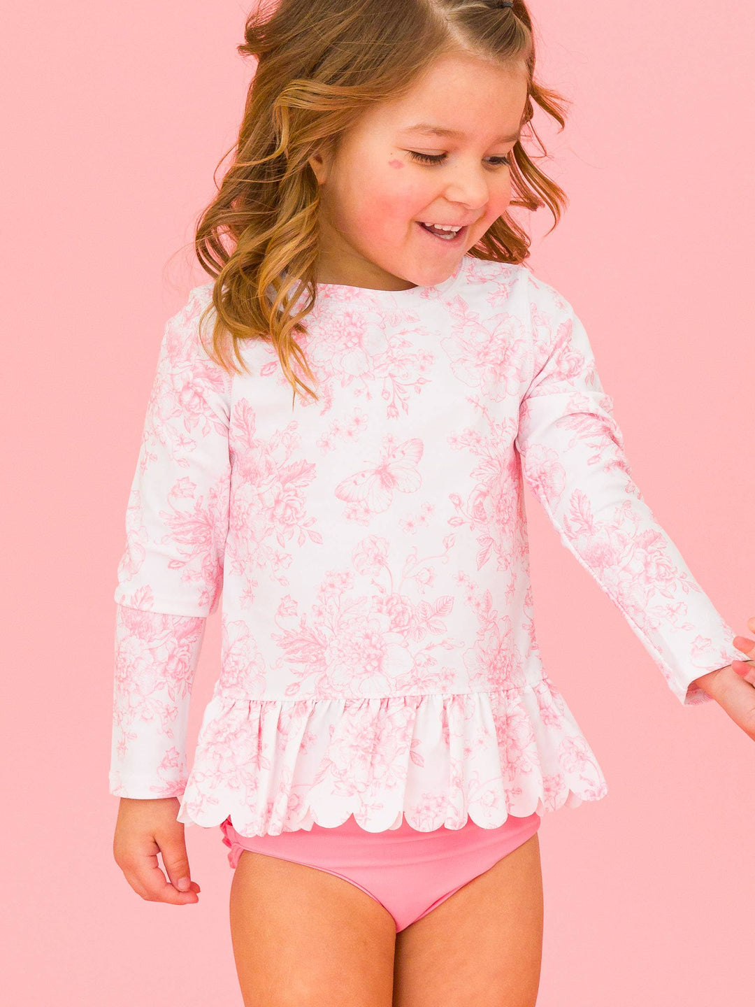 Girls Bubblegum Pink Butterfly Garden Toile Scallop Hem Long Sleeve Rash Guard 2-Piece Swimsuit with Signature Rear Ruffles