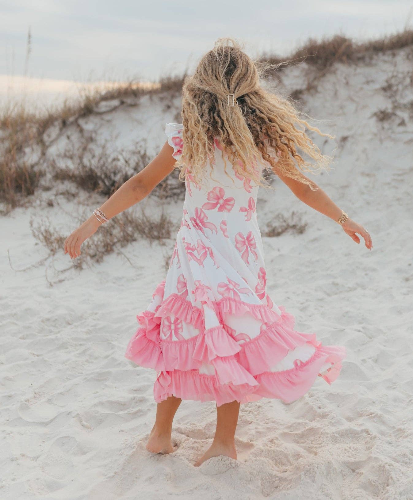 Kids Bella Pink Bow Flutter Sleeve Ruffles Spring Dress
