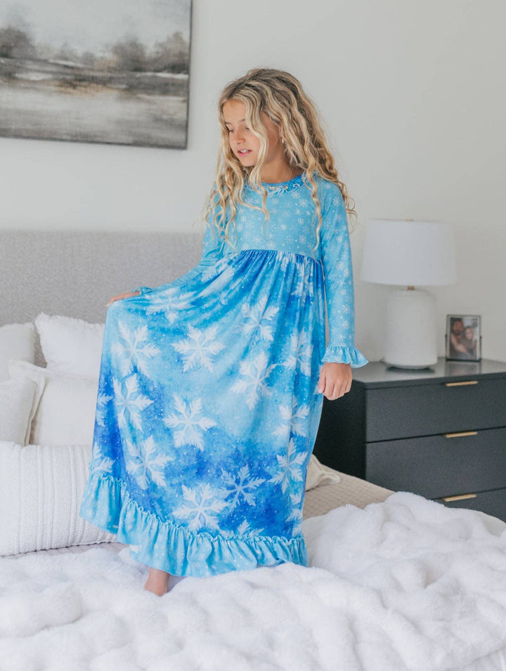 Girls Blue Snowflake Ice Princess Holiday Lounge Play Gown